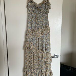 Tan and Blue Ruffled Tiered Maxi Dress for Wedding Guest